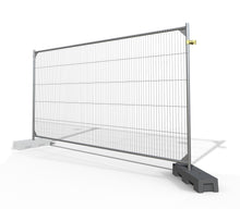6.5' x 11.5' galvanized steel temporary fence panel kit with sturdy mesh, stabilized by heavy-duty blocks and clamps. Perfect for construction and event security.