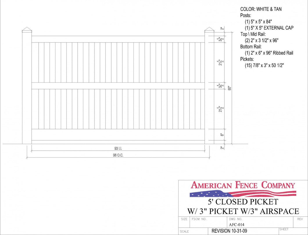AFC-014   5' Tall x 8' Wide Closed Picket Fence with 3