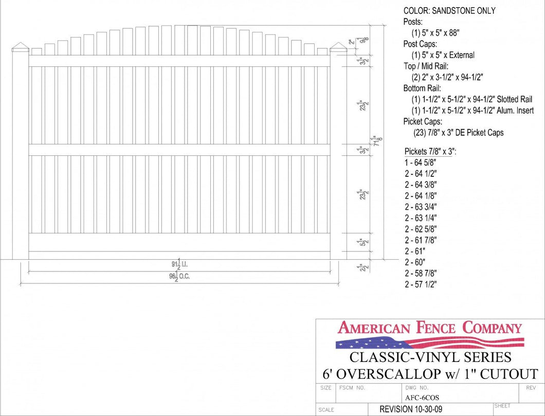 AFC-6COS   6' Tall x 8' Wide Overscallop Fence with 1