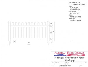 K-14   3' Tall x 6' Wide Tall x 6' Wide Straight Routed Picket Fence with 3" Air Space