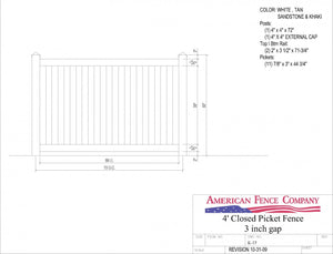 K-17   4' Tall x 6' Wide Closed Picket Fence with 3" Air Space